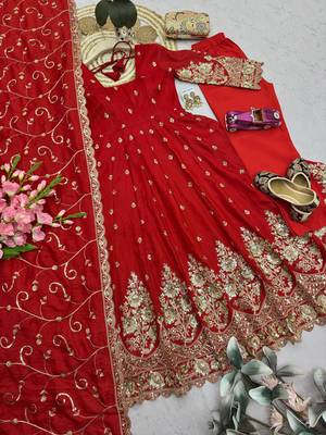 Red shimmer silk embroidered codding, sequins work anarkali kurta set 5