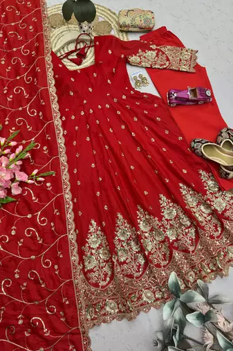 Red shimmer silk embroidered codding, sequins work anarkali kurta set