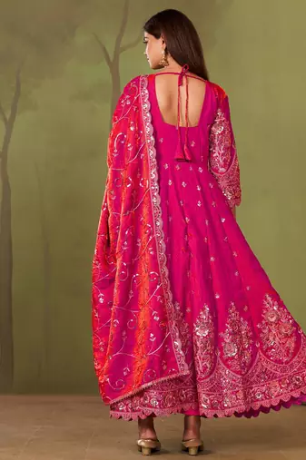 Ranipink shimmer silk embroidered codding, sequins work anarkali kurta set