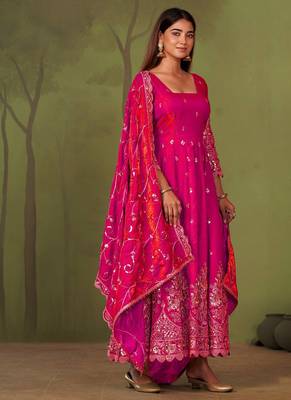Ranipink shimmer silk embroidered codding, sequins work anarkali kurta set 4