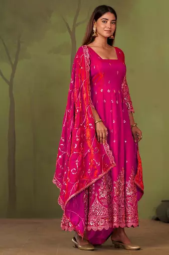 Ranipink shimmer silk embroidered codding, sequins work anarkali kurta set