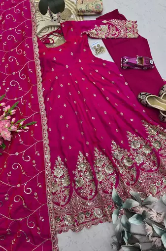 Ranipink shimmer silk embroidered codding, sequins work anarkali kurta set