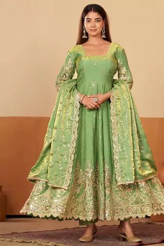 Peach shimmer silk embroidered codding, sequins work anarkali kurta set