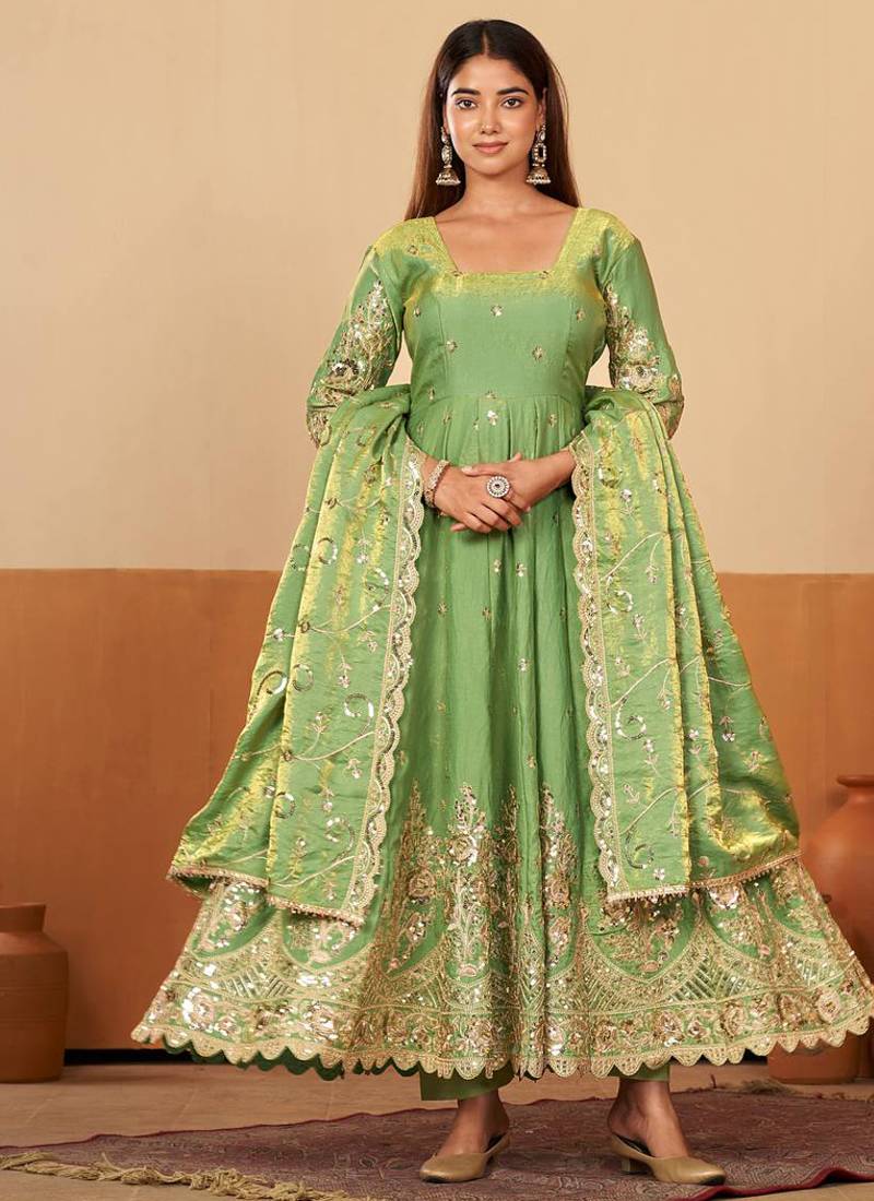 Peach shimmer silk embroidered codding, sequins work anarkali kurta set