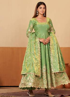 Peach shimmer silk embroidered codding, sequins work anarkali kurta set 2