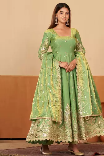 Peach shimmer silk embroidered codding, sequins work anarkali kurta set