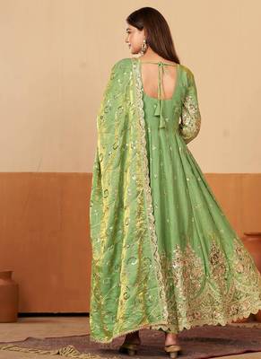 Peach shimmer silk embroidered codding, sequins work anarkali kurta set 3