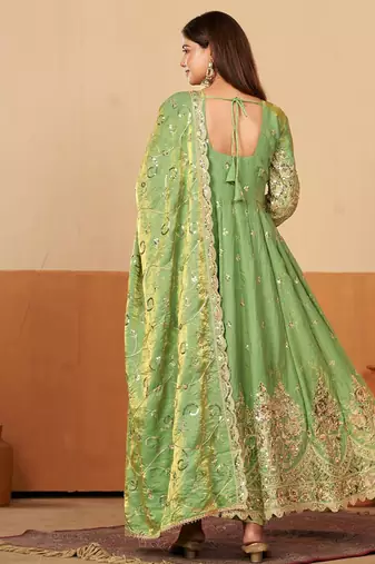 Peach shimmer silk embroidered codding, sequins work anarkali kurta set