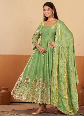 Peach shimmer silk embroidered codding, sequins work anarkali kurta set 4