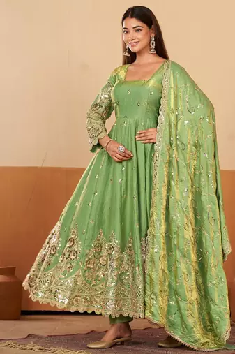 Peach shimmer silk embroidered codding, sequins work anarkali kurta set