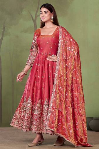Peach shimmer silk embroidered codding, sequins work anarkali kurta set