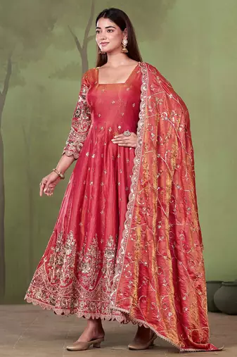 Peach shimmer silk embroidered codding, sequins work anarkali kurta set