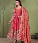 Peach shimmer silk embroidered codding, sequins work anarkali kurta set