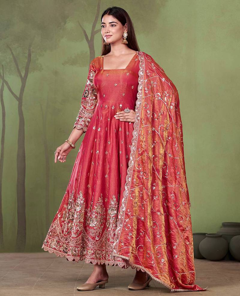 Peach shimmer silk embroidered codding, sequins work anarkali kurta set