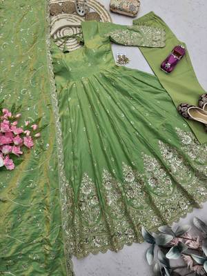 Peach shimmer silk embroidered codding, sequins work anarkali kurta set 5