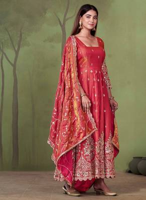 Peach shimmer silk embroidered codding, sequins work anarkali kurta set 2