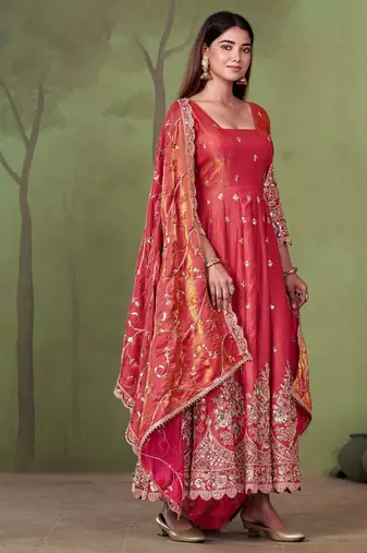 Peach shimmer silk embroidered codding, sequins work anarkali kurta set