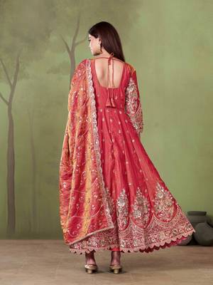 Peach shimmer silk embroidered codding, sequins work anarkali kurta set 3