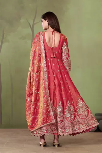 Peach shimmer silk embroidered codding, sequins work anarkali kurta set