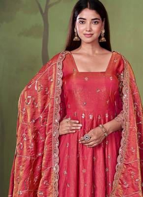 Peach shimmer silk embroidered codding, sequins work anarkali kurta set 4