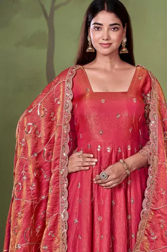 Peach shimmer silk embroidered codding, sequins work anarkali kurta set
