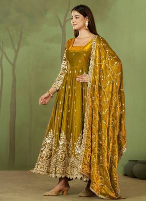 Mustard shimmer silk embroidered codding, sequins work anarkali kurta set 1