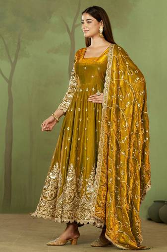 Mustard shimmer silk embroidered codding, sequins work anarkali kurta set