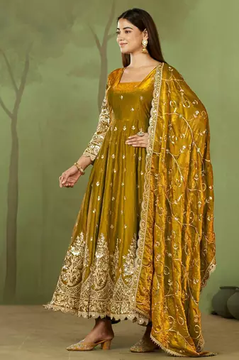 Mustard shimmer silk embroidered codding, sequins work anarkali kurta set