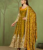 Mustard shimmer silk embroidered codding, sequins work anarkali kurta set