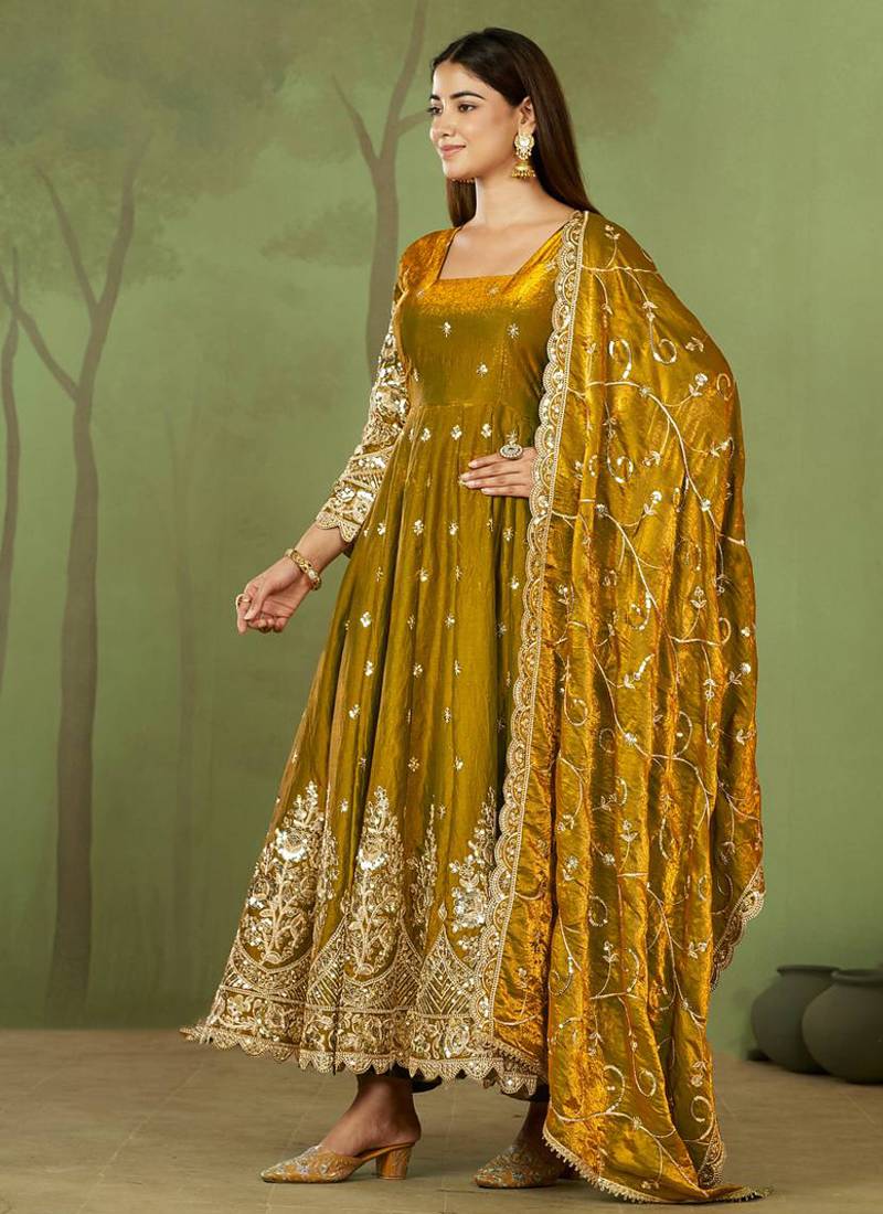Mustard shimmer silk embroidered codding, sequins work anarkali kurta set