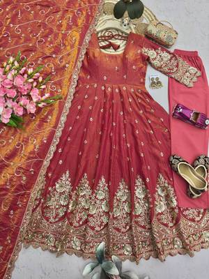 Peach shimmer silk embroidered codding, sequins work anarkali kurta set 5