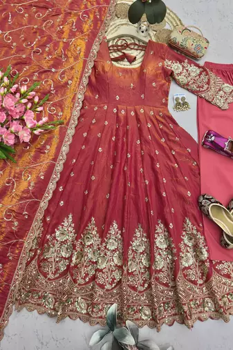 Peach shimmer silk embroidered codding, sequins work anarkali kurta set