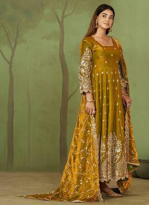 Mustard shimmer silk embroidered codding, sequins work anarkali kurta set 2