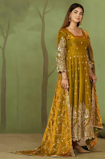 Mustard shimmer silk embroidered codding, sequins work anarkali kurta set
