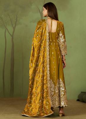 Mustard shimmer silk embroidered codding, sequins work anarkali kurta set 3