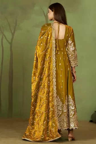 Mustard shimmer silk embroidered codding, sequins work anarkali kurta set
