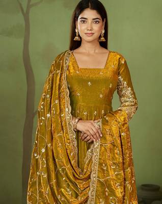 Mustard shimmer silk embroidered codding, sequins work anarkali kurta set 4