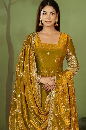 Mustard shimmer silk embroidered codding, sequins work anarkali kurta set