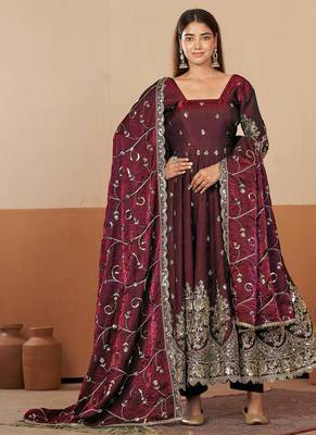 Maroon shimmer silk embroidered codding, sequins work anarkali kurta set 1