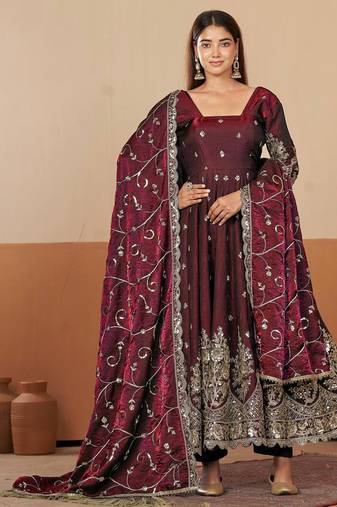 Maroon shimmer silk embroidered codding, sequins work anarkali kurta set