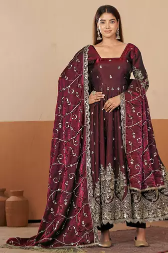 Maroon shimmer silk embroidered codding, sequins work anarkali kurta set