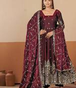 Maroon shimmer silk embroidered codding, sequins work anarkali kurta set