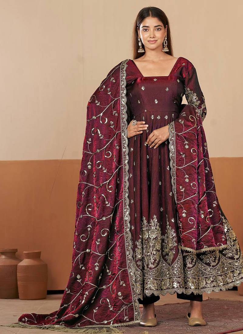 Maroon shimmer silk embroidered codding, sequins work anarkali kurta set