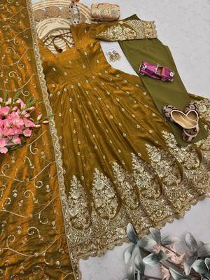 Mustard shimmer silk embroidered codding, sequins work anarkali kurta set 5