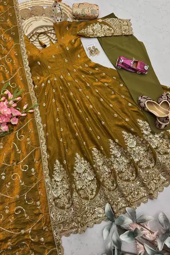 Mustard shimmer silk embroidered codding, sequins work anarkali kurta set