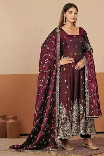 Maroon shimmer silk embroidered codding, sequins work anarkali kurta set