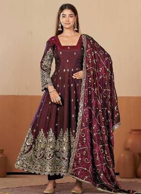 Maroon shimmer silk embroidered codding, sequins work anarkali kurta set 3