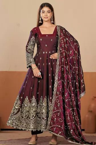 Maroon shimmer silk embroidered codding, sequins work anarkali kurta set