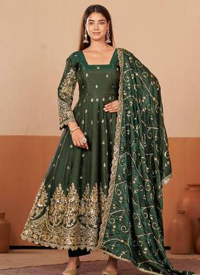 Green shimmer silk embroidered codding, sequins work anarkali kurta set 1