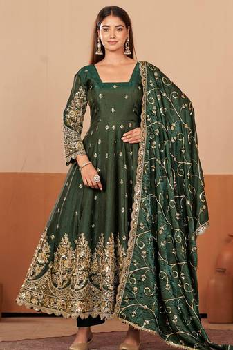 Green shimmer silk embroidered codding, sequins work anarkali kurta set